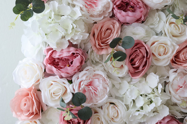 White And Pink Roses And Peonies And Hydrangeas, Artificial Flower Wall Backdrop