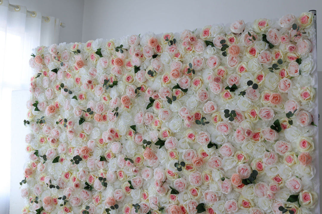 White And Pink Roses And Pink Peonies And Green Leaves, Artificial Flower Wall Backdrop