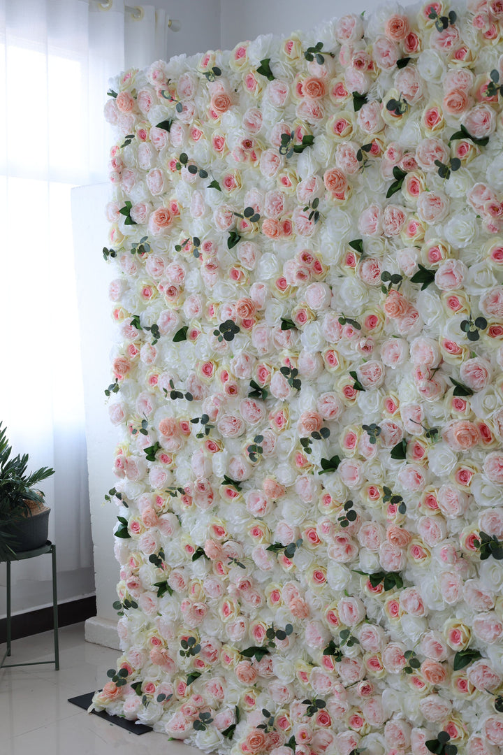 White And Pink Roses And Pink Peonies And Green Leaves, Artificial Flower Wall Backdrop