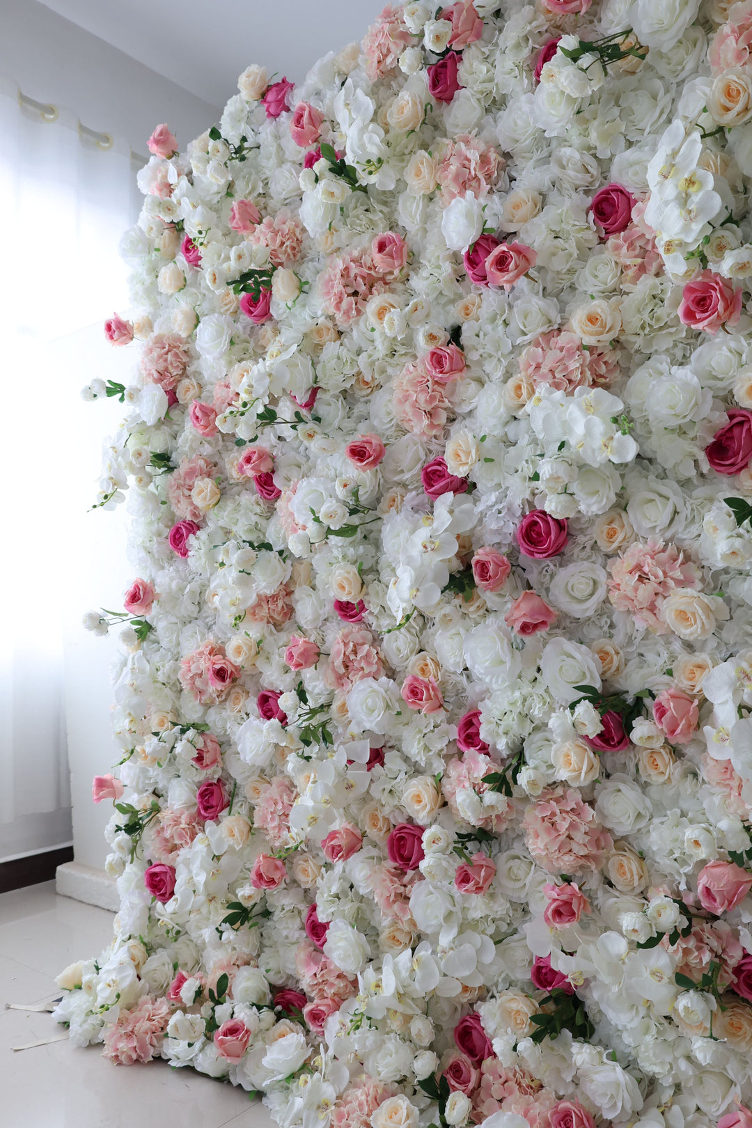 White Roses And Pink Hydrangeas, Artificial Flower Wall Backdrop