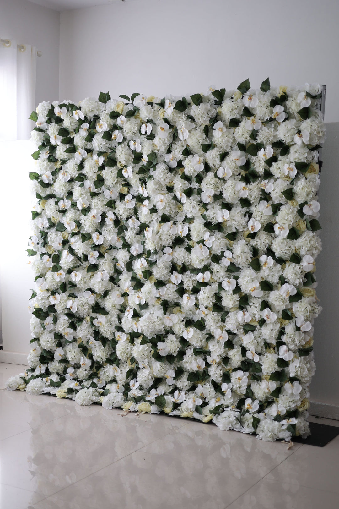 White Hydrangeas And Green Leaves, Artificial Flower Wall Backdrop