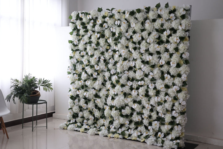 White Hydrangeas And Green Leaves, Artificial Flower Wall Backdrop