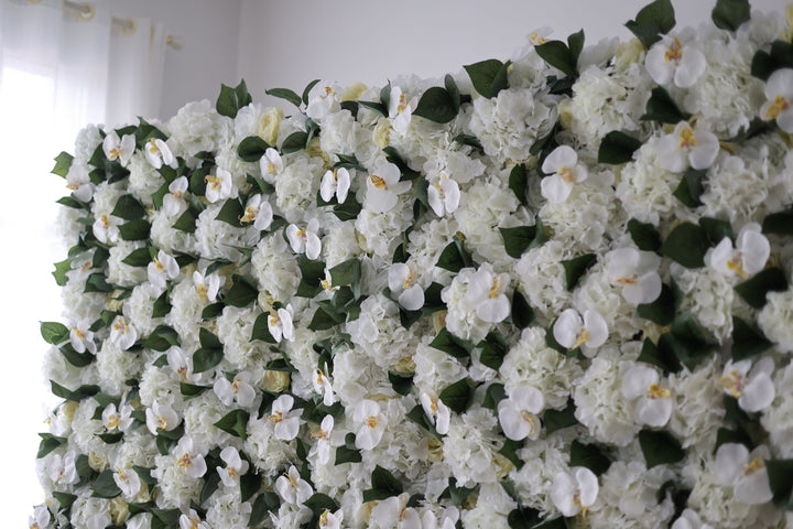 White Hydrangeas And Green Leaves, Artificial Flower Wall Backdrop