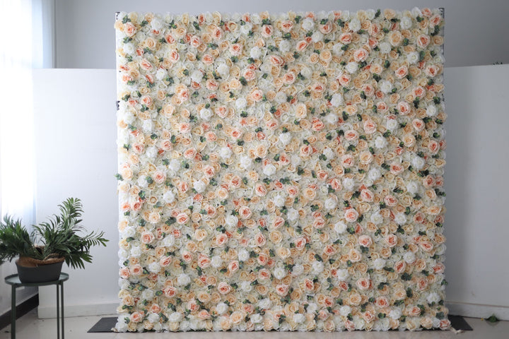 White Light Yellow Pink Roses And Green Leaves, Artificial Flower Wall Backdrop