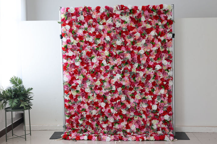 White Red Pink Roses And Green Leaves, Artificial Flower Wall Backdrop