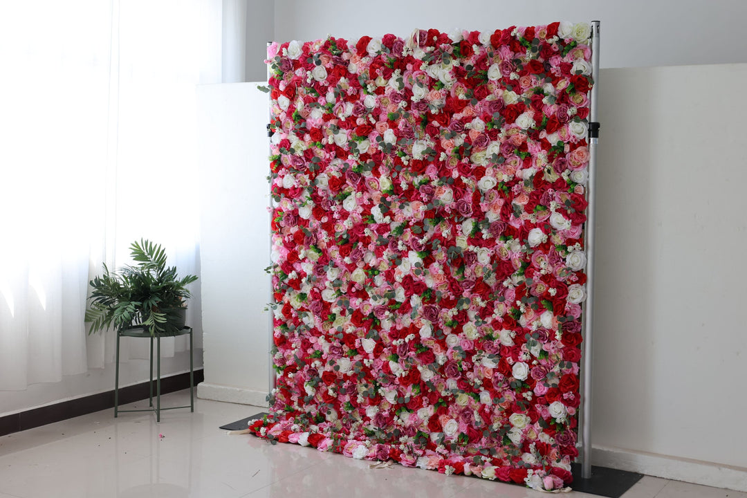 White Red Pink Roses And Green Leaves, Artificial Flower Wall Backdrop