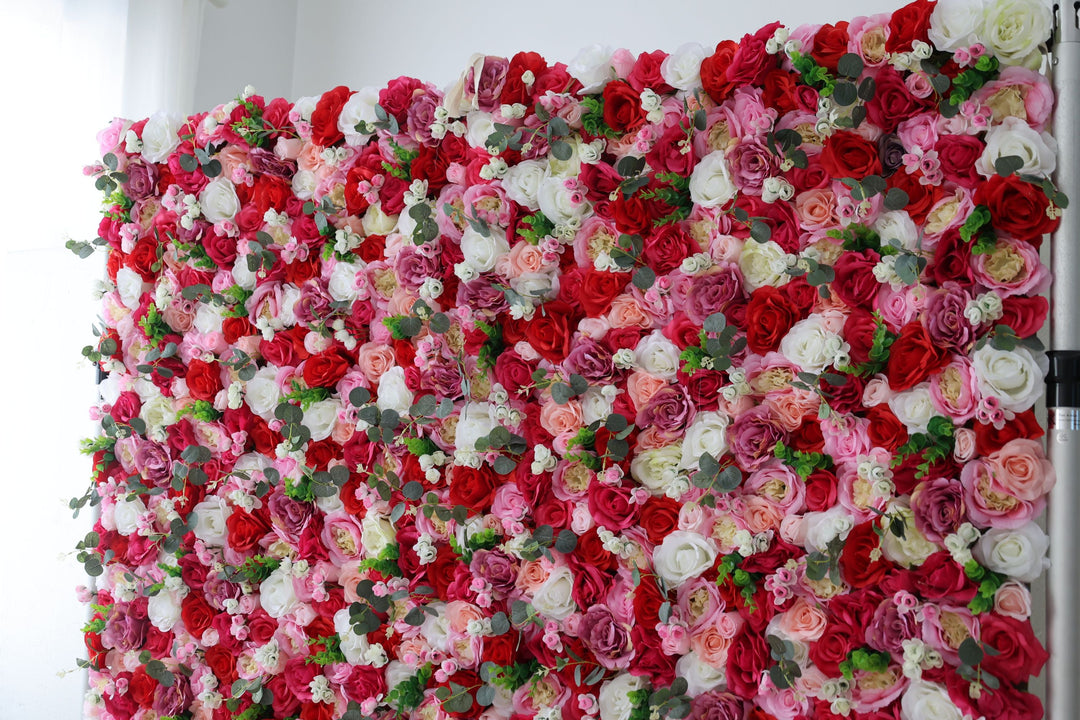 White Red Pink Roses And Green Leaves, Artificial Flower Wall Backdrop