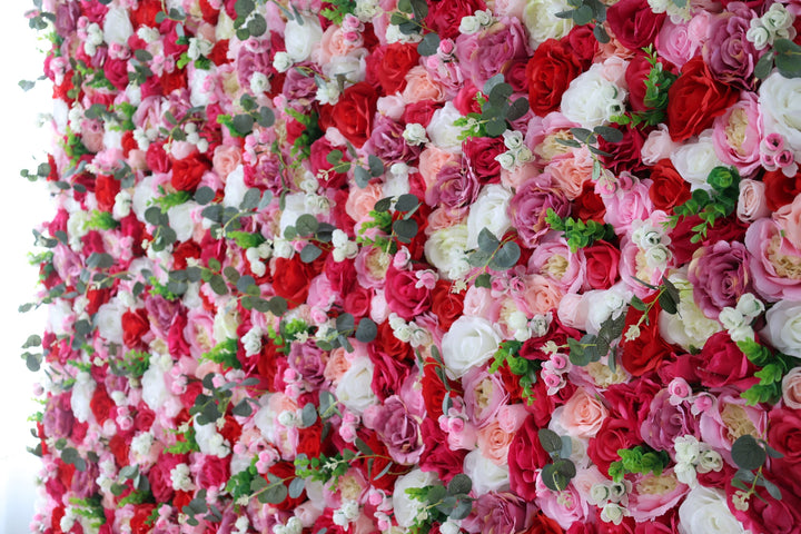 White Red Pink Roses And Green Leaves, Artificial Flower Wall Backdrop