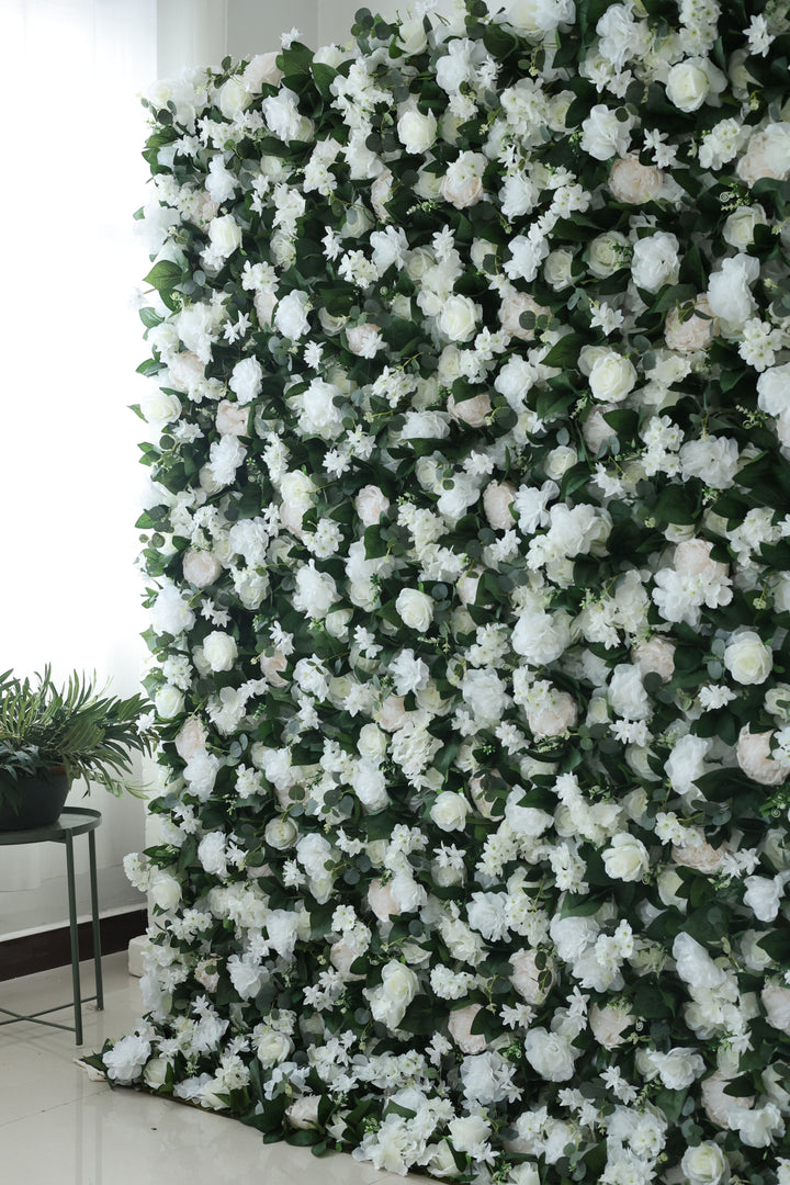 White Roses And Carnation Flowers And Green Leaves, Artificial Flower Wall Backdrop