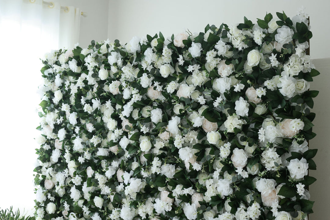 White Roses And Carnation Flowers And Green Leaves, Artificial Flower Wall Backdrop