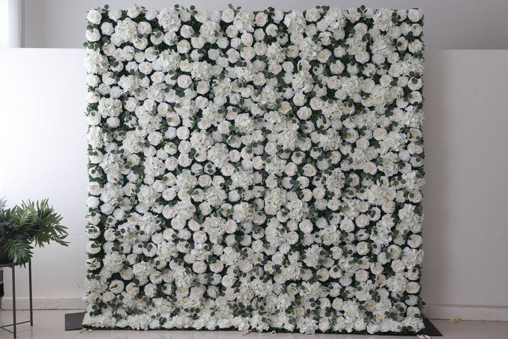 White Roses And Hydrangeas And Green Leaves, Artificial Flower Wall Backdrop