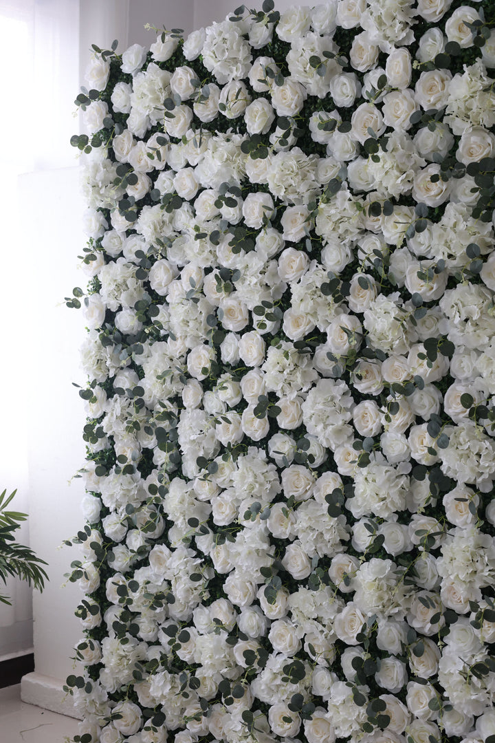 White Roses And Hydrangeas And Green Leaves, Artificial Flower Wall Backdrop