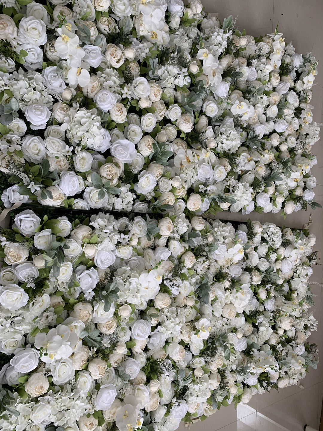 White Roses And Hydrangeas And Green Leaves, Artificial Flower Wall Backdrop