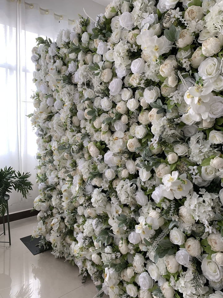 White Roses And Hydrangeas And Green Leaves, Artificial Flower Wall Backdrop