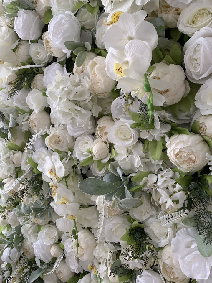 White Roses And Hydrangeas And Green Leaves, Artificial Flower Wall Backdrop