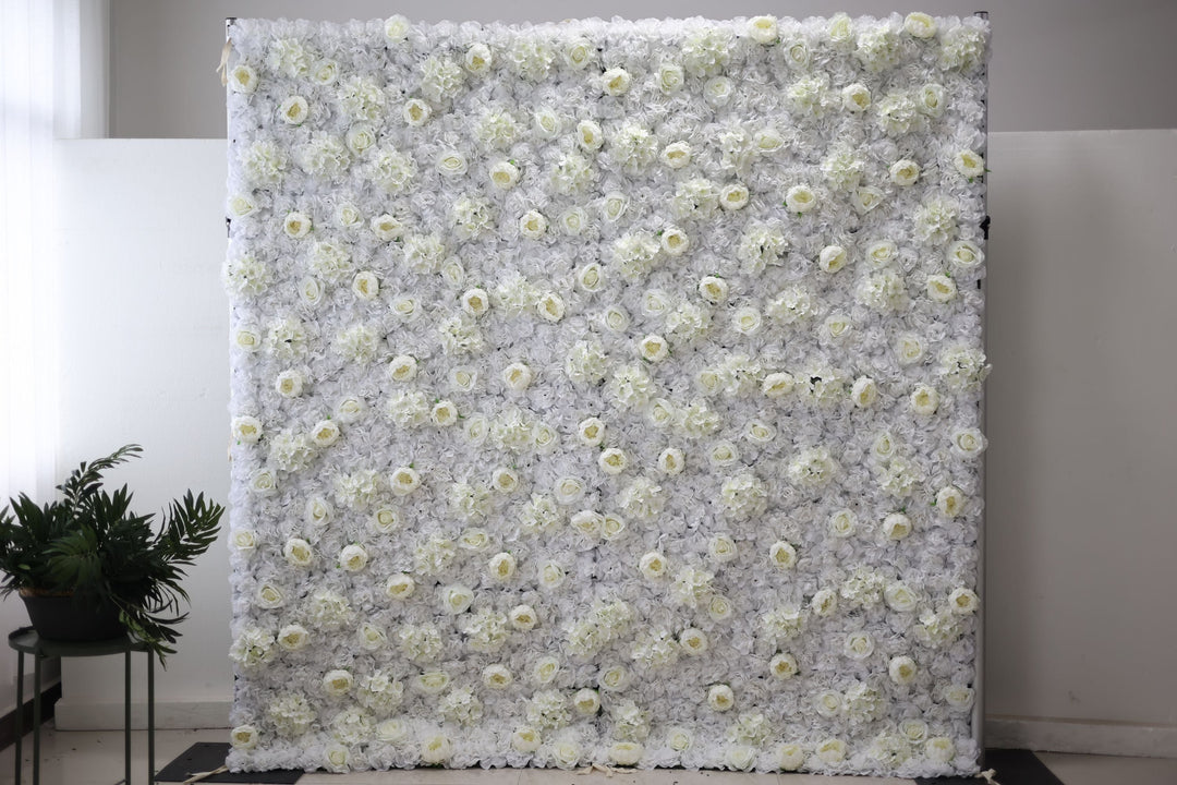 White Roses And Peonies And Hydrangeas And Green Leaves, Artificial Flower Wall Backdrop