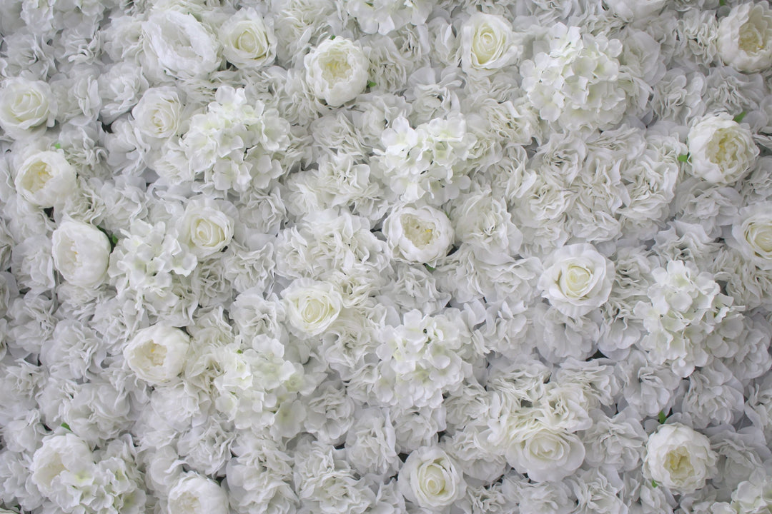 White Roses And Peonies And Hydrangeas And Green Leaves, Artificial Flower Wall Backdrop