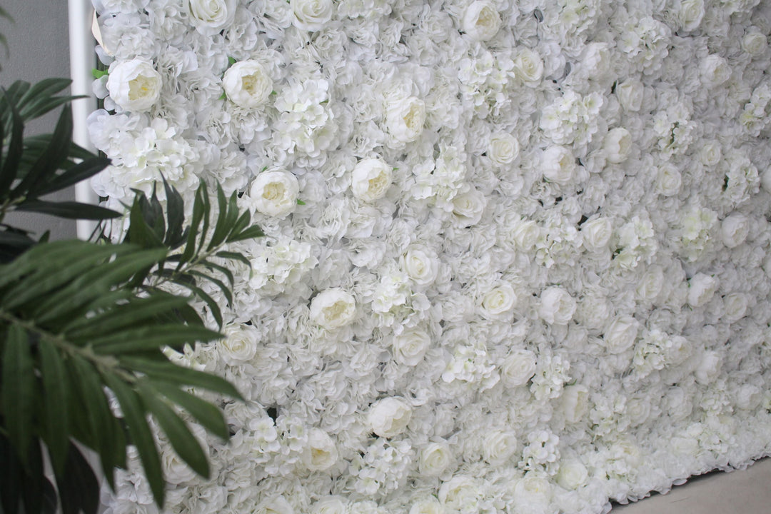 White Roses And Peonies And Hydrangeas And Green Leaves, Artificial Flower Wall Backdrop