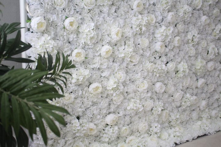 White Roses And Peonies And Hydrangeas And Green Leaves, Artificial Flower Wall Backdrop