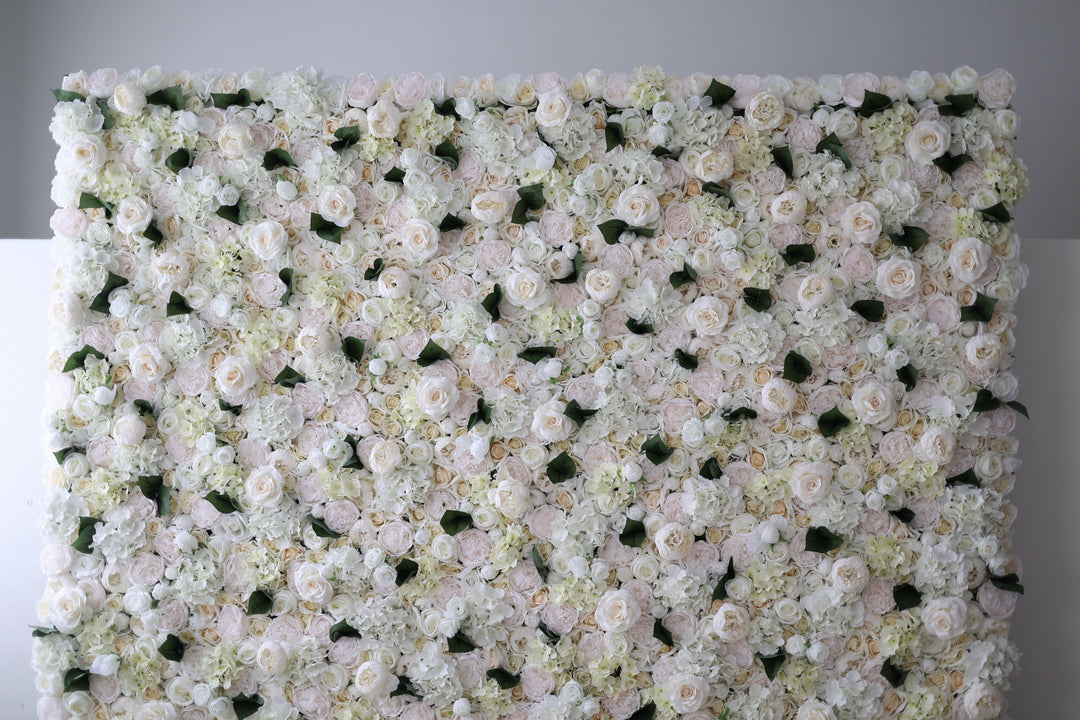 White Roses And Peonies And Hydrangeas And Green Leaves, Artificial Flower Wall Backdrop