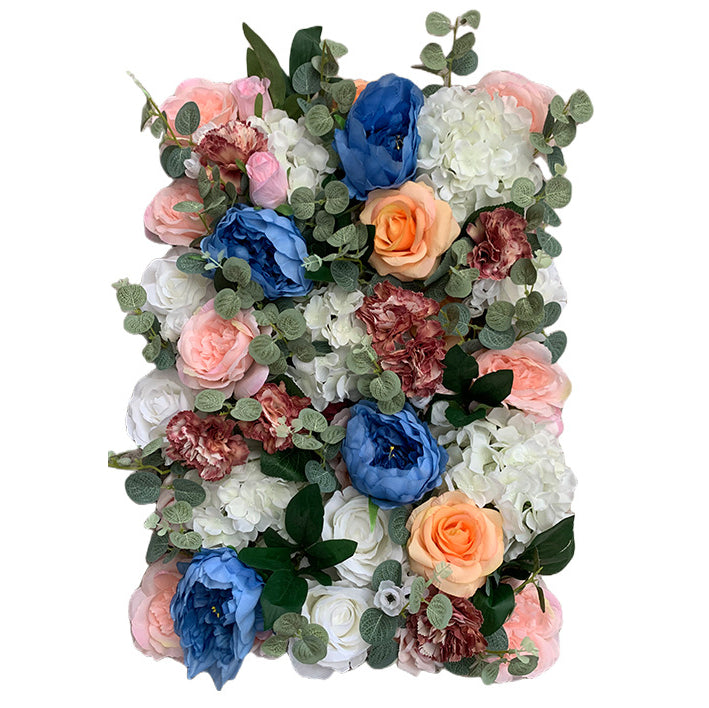 Orange And Blue Roses With Green Leaves, Artificial Flower Wall Backdrop