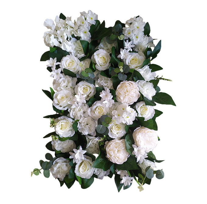 White Roses And Hydrangeas With Green Leaves, Artificial Flower Wall Backdrop